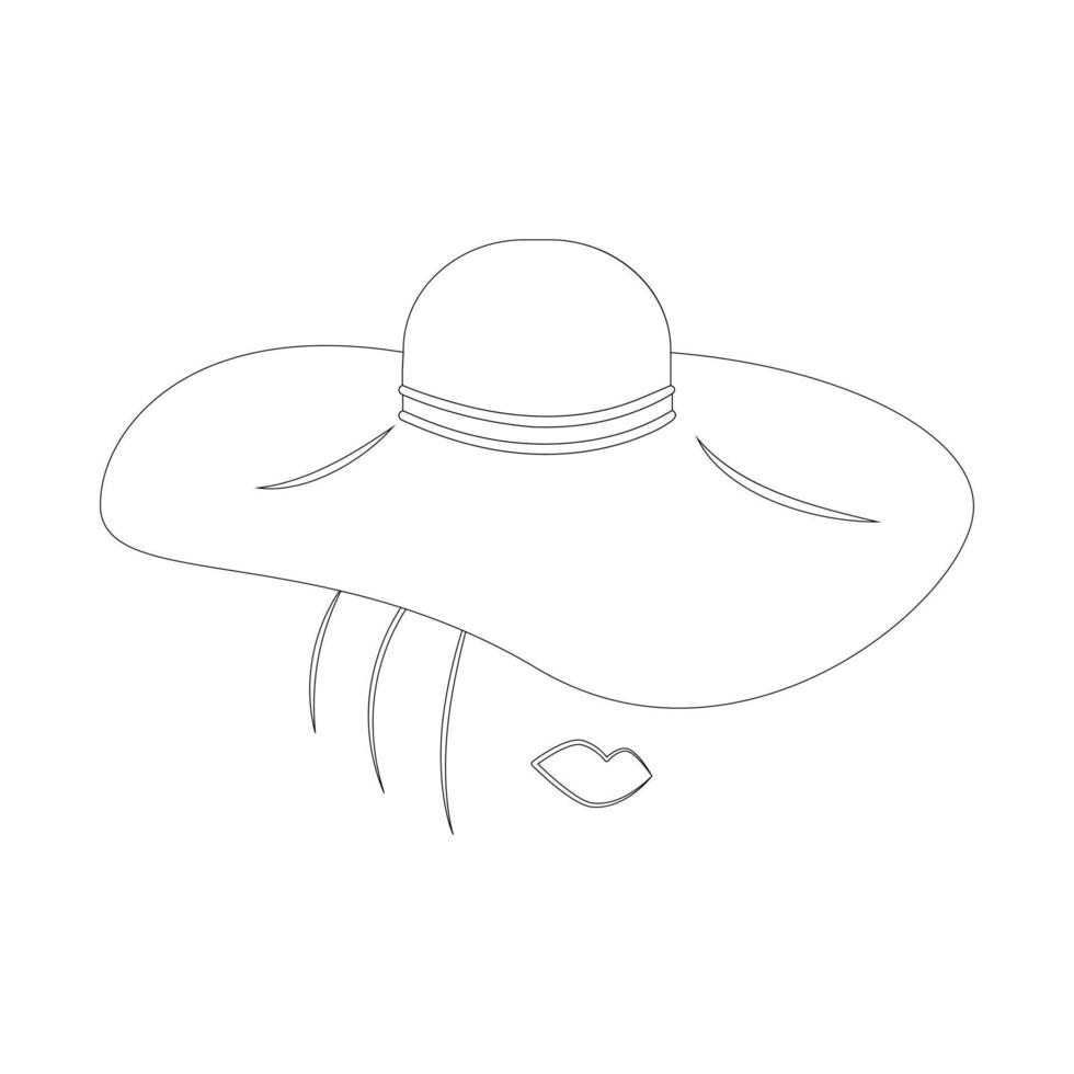 Contour drawing Abstract female face with lips and hair in wide brimmed hat. Sticker. Icon. Isolate vector