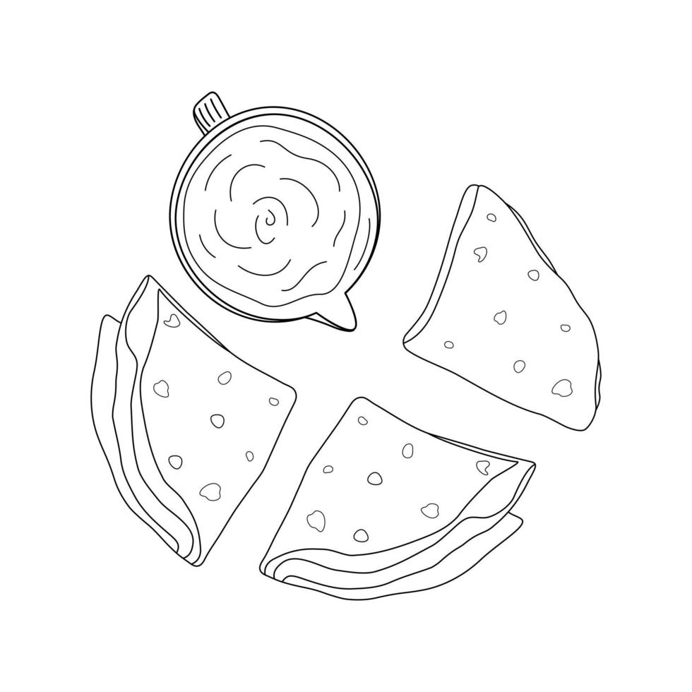 tortillas de maíz dobladas en un triángulo con salsa en una salsera. arte lineal. comida tradicional latinoamericana vector