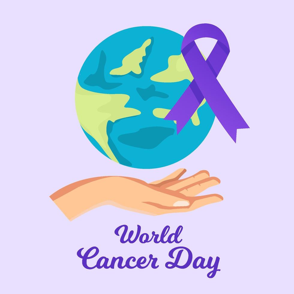 world cancer day with hand, earth, and purple ribbon vector