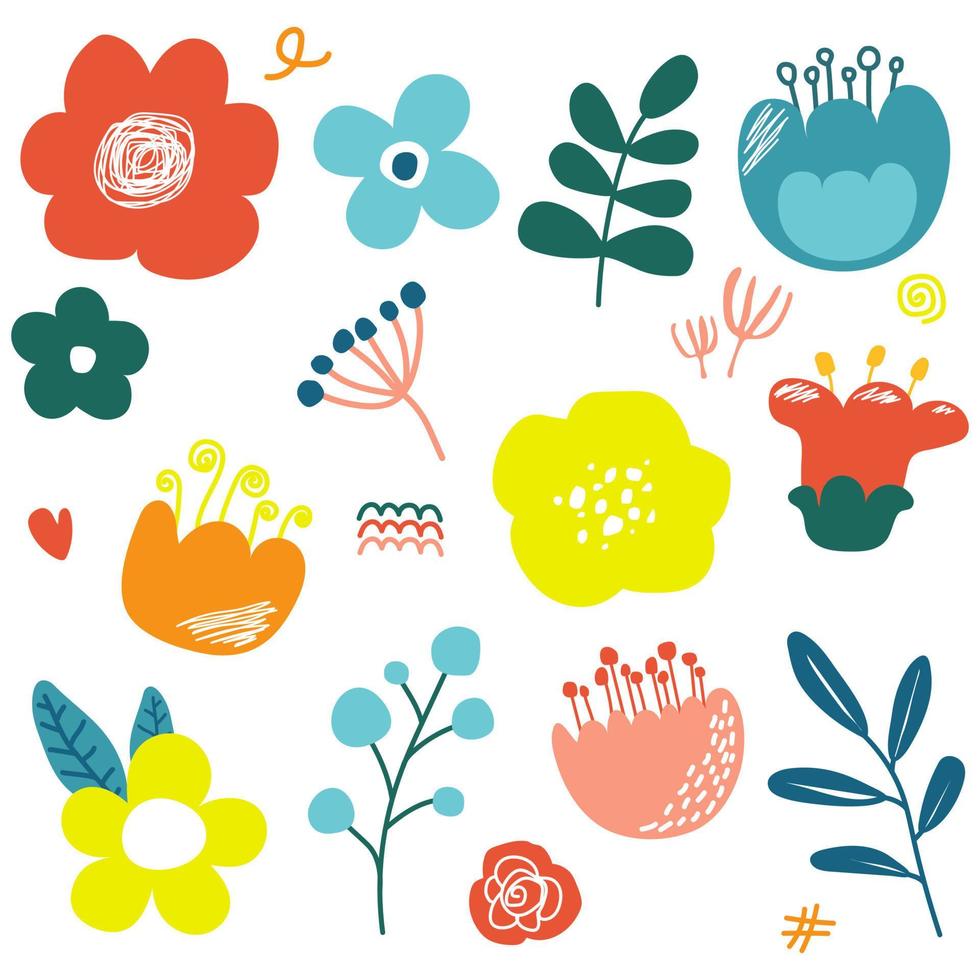 Floral vector set with flat doodle style abstract flowers and leaves. Flower graphic design. illustration vector 10 eps.