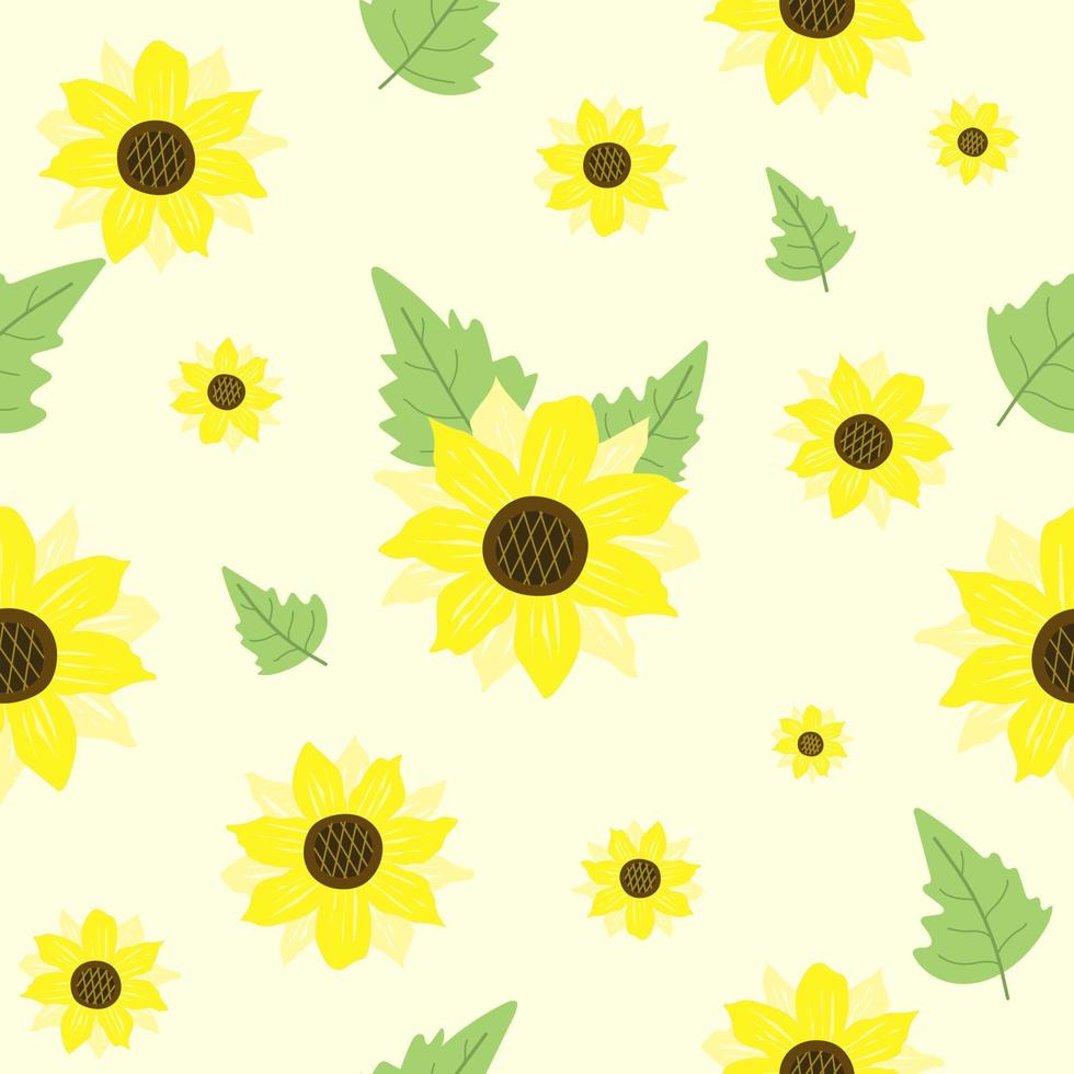 Seamless pattern botanical Sunflower flowers and green ornament leaf on isolated background. illustration vector 10 eps.