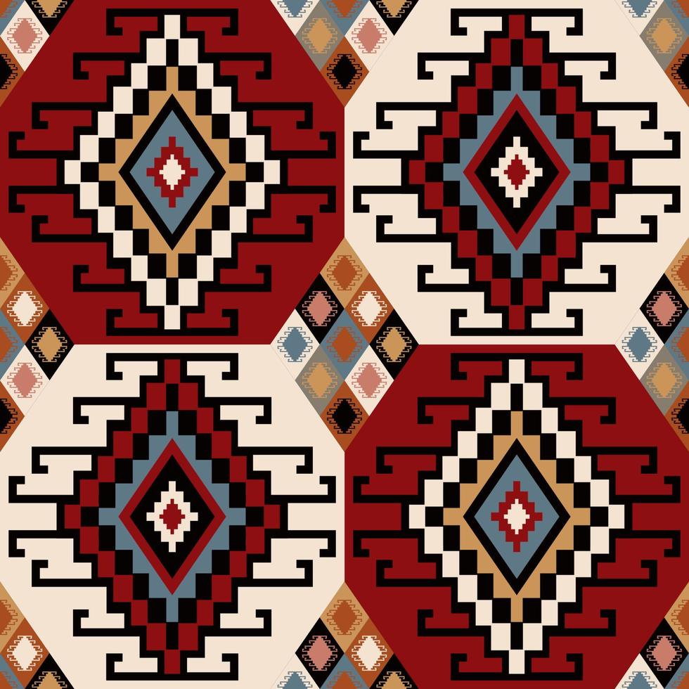 patrón geométrico étnico colorido. kilim azteca patrón geométrico cuadrado en forma de diamante sin costuras. uso de patrón turco colorido para tela, textil, elementos de decoración del hogar, tapicería, envoltura. vector