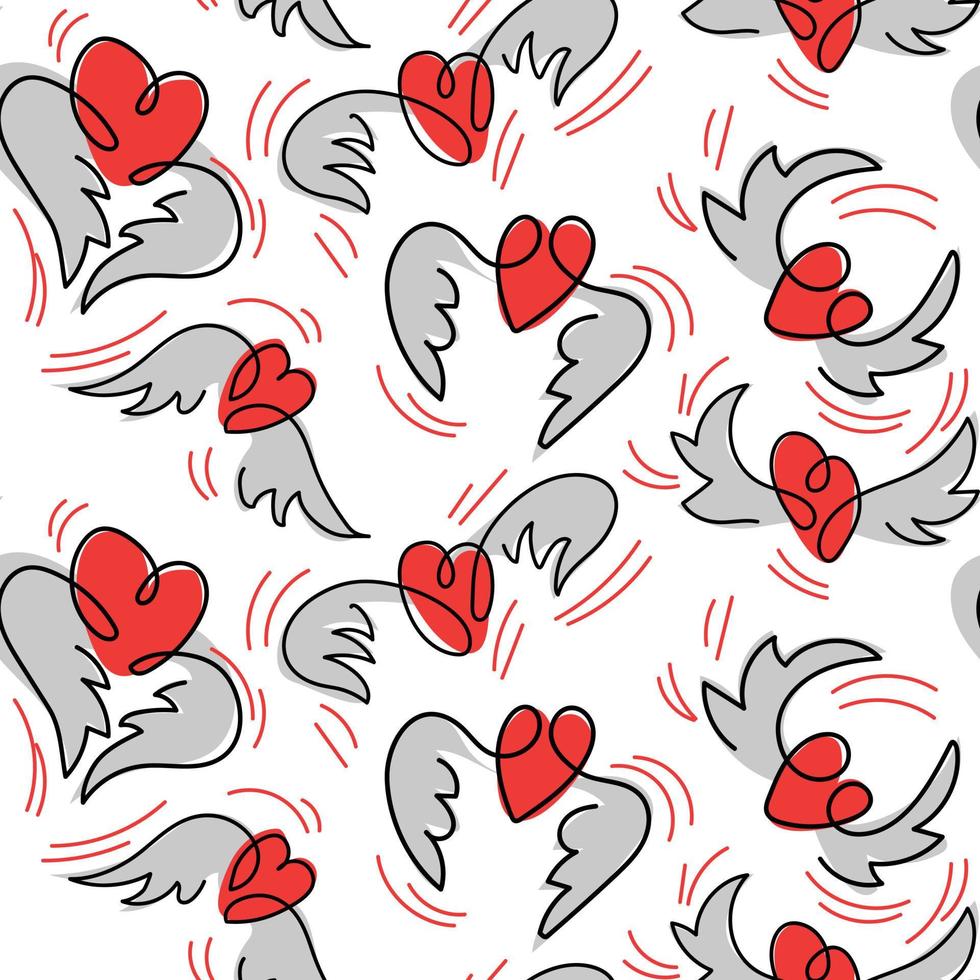 A pattern of hearts with wings in different poses. White contour lines on a pink background. Seamless pattern with repeating contour patterns. Suitable for printing on textiles and paper. Packaging vector