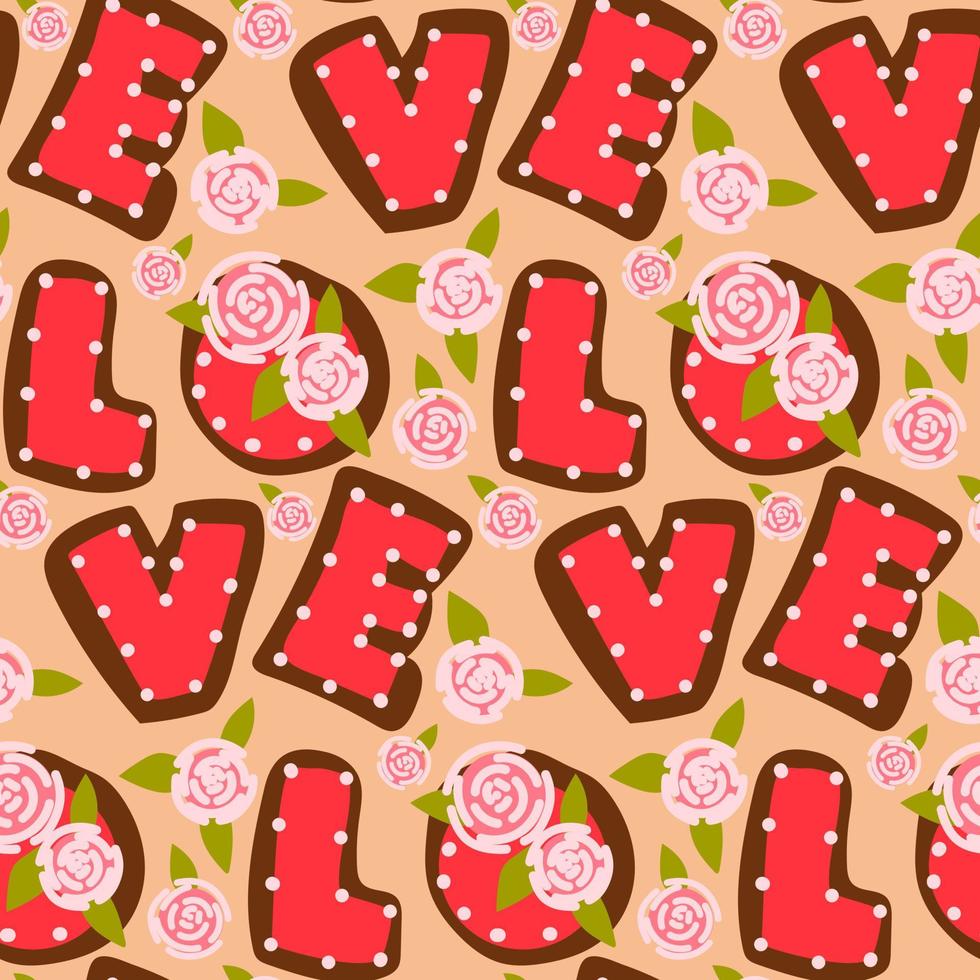 A pattern of a set of letters love in the form of cookies with icing. Ginger cookies in the shape of letters with a different contour of glaze. Background for printing a postcard with cookies vector