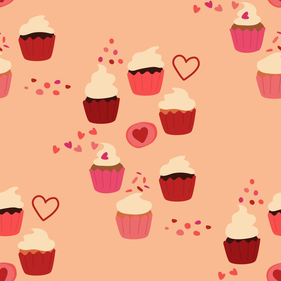 Cupcake of different colors. Whipped cream, ganache and chocolate. Background with dots and hearts. A hand-drawn contour illustration. Vector seamless pattern with baking.