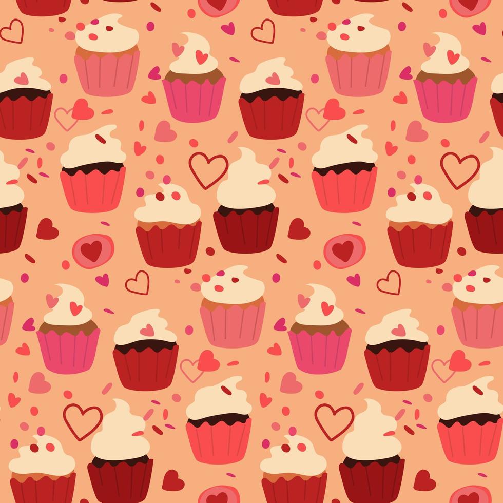 Cupcake of different colors. Whipped cream, ganache and chocolate. Background with dots and hearts. A hand-drawn contour illustration. Vector seamless pattern with baking.