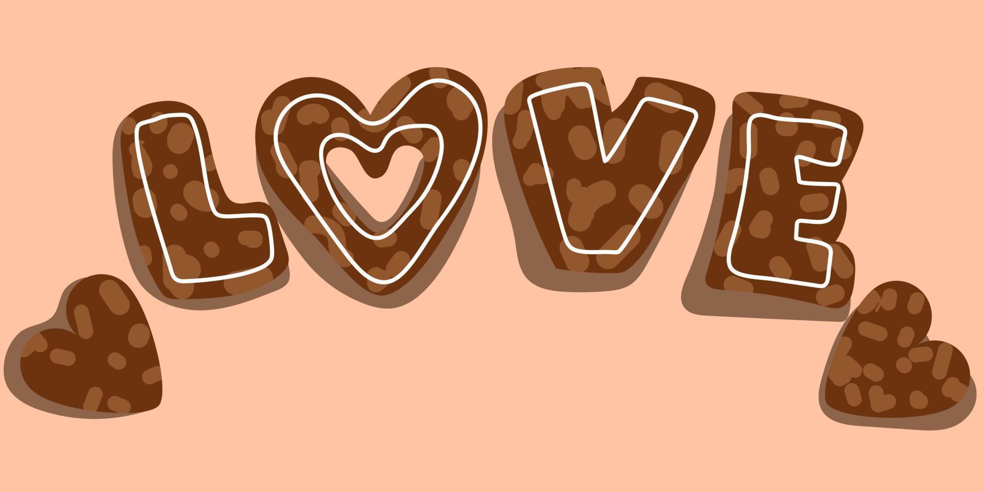 Letters love in the form of cookies with icing. Ginger cookies in the shape of letters with a contour of glaze. Background for printing a postcard with cookies vector