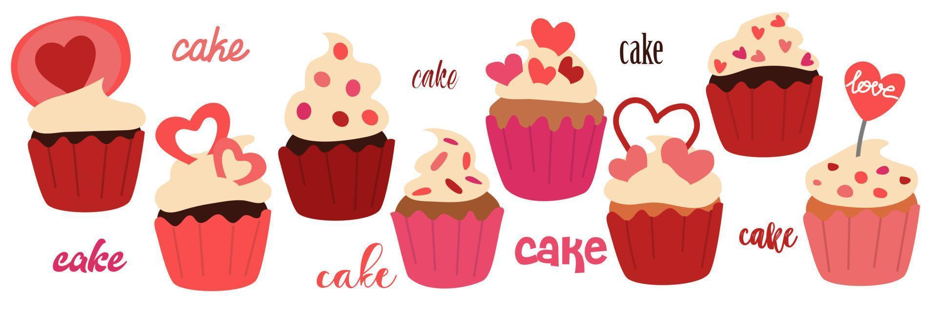 conjunto de cupcakes dulces. colección de muffins cremosos con decoración. comida deliciosa confitería. ilustración vectorial de horneado dulce sobre fondo blanco. vector