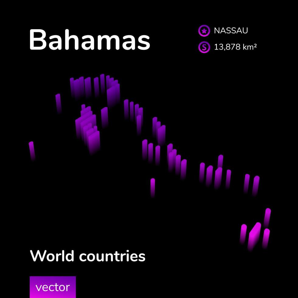 bahamas mapa 3d. el mapa vectorial de neón isométrico a rayas estilizadas de bahamas está en colores violetas sobre fondo negro. pancarta educativa vector