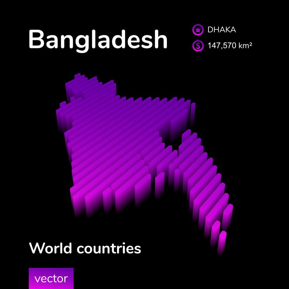 Bangladesh 3D map. Stylized neon digital isometric striped vector Bangladesh map is in violet and pink colors on black background. Educational banner, poster about Bangladesh