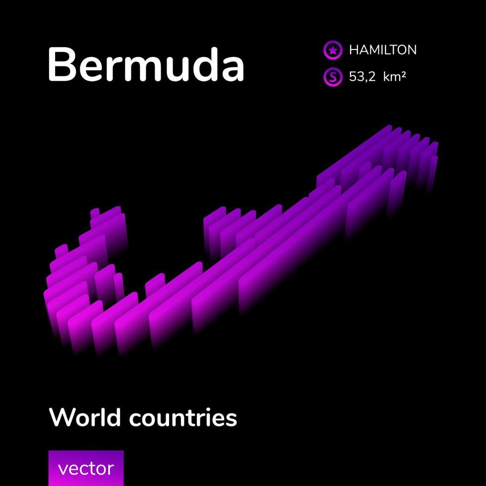 Bermudas mapa 3d. El mapa vectorial de neón digital rayado isométrico estilizado de Bermudas está en colores violetas sobre fondo negro. pancarta educativa vector