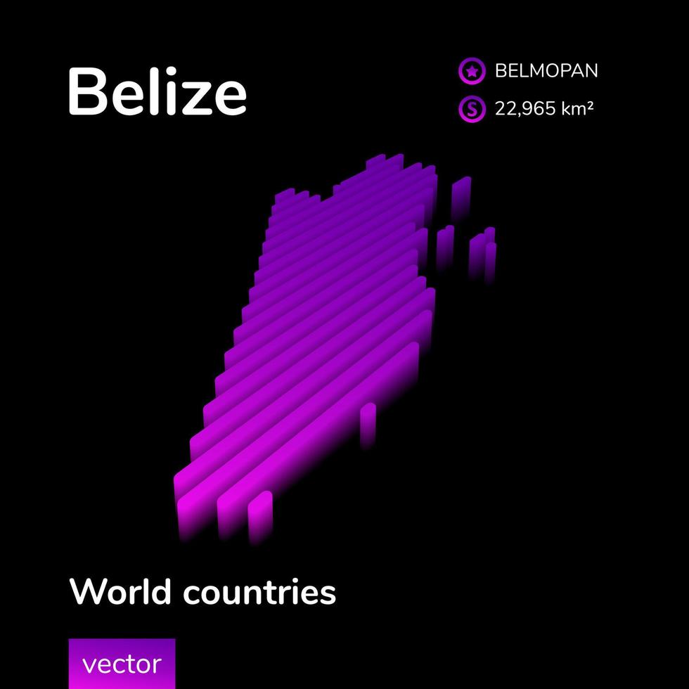 Belize 3D map. Stylized striped neon isometric digital vector Map of Belize is in violet colors on black background. Educational banner