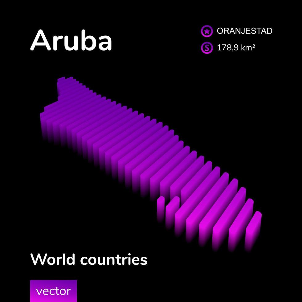 Mapa 3d de aruba, holanda. el mapa de aruba vectorial de rayas isométricas de neón estilizado está en colores violetas sobre fondo negro. pancarta educativa vector