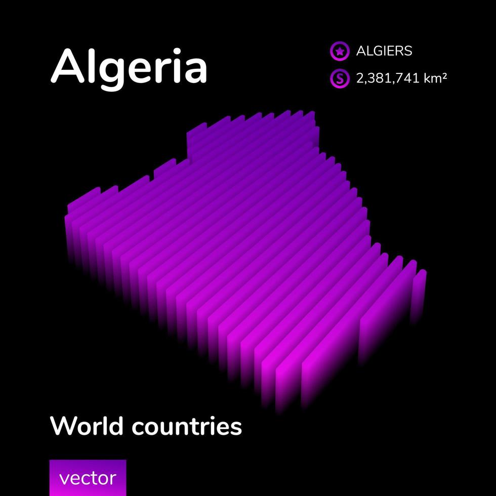 3D map of Algeria. Stylized neon digital isometric striped vector map of Algeria is in violet and purple colors on the dark blue background