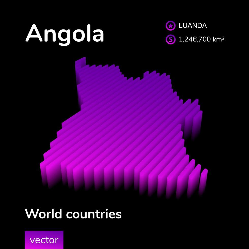 mapa de angola vectorial rayado isométrico digital de neón estilizado con efecto 3d. el mapa de angola está en colores verde y menta en el fondo azul oscuro vector