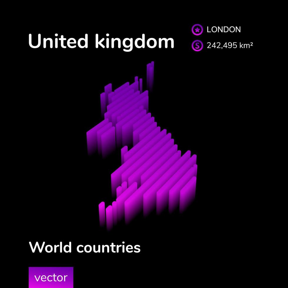 UK 3D map. Stylized neon digital isometric striped vector Map of United kingdom is in violet and pink colors on the black background