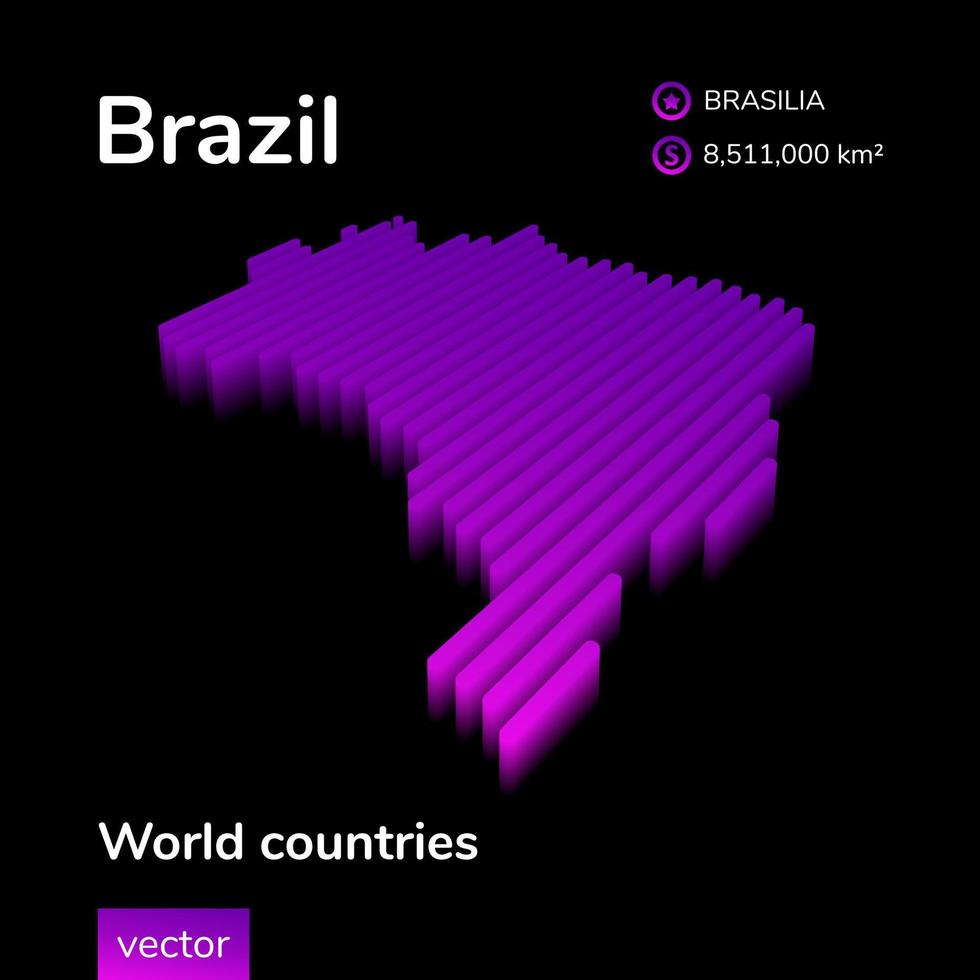Brazil 3D map. Stylized neon isometric striped vector Map of Brazil is in violet colors on black background. Educational banner