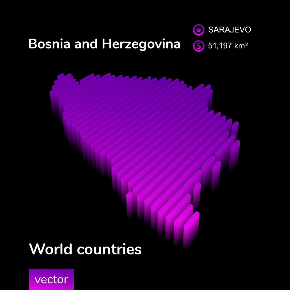 bosnia mapa 3d. mapa vectorial de rayas isométricas digitales de neón estilizado en colores violeta y rosa en el fondo negro vector