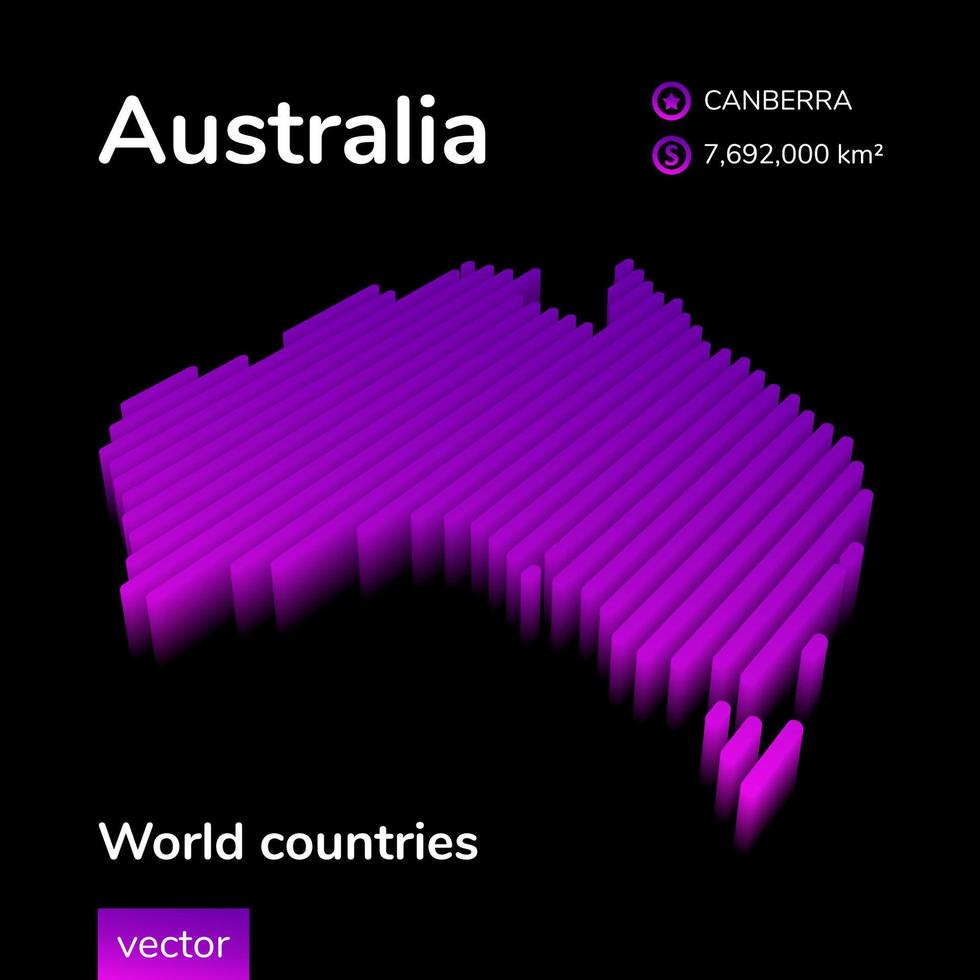 Australia 3D map. Stylized striped vector neon isometric Map of Australia is in violet and pink colors on black background