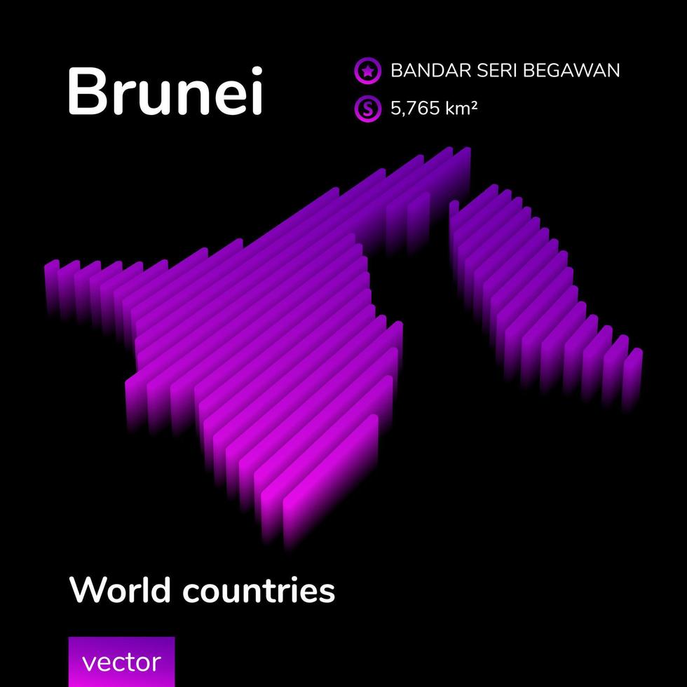 Brunéi mapa 3d. El mapa vectorial de neón isométrico a rayas estilizadas de brunei está en colores violeta y rosa sobre fondo negro. pancarta educativa. vector