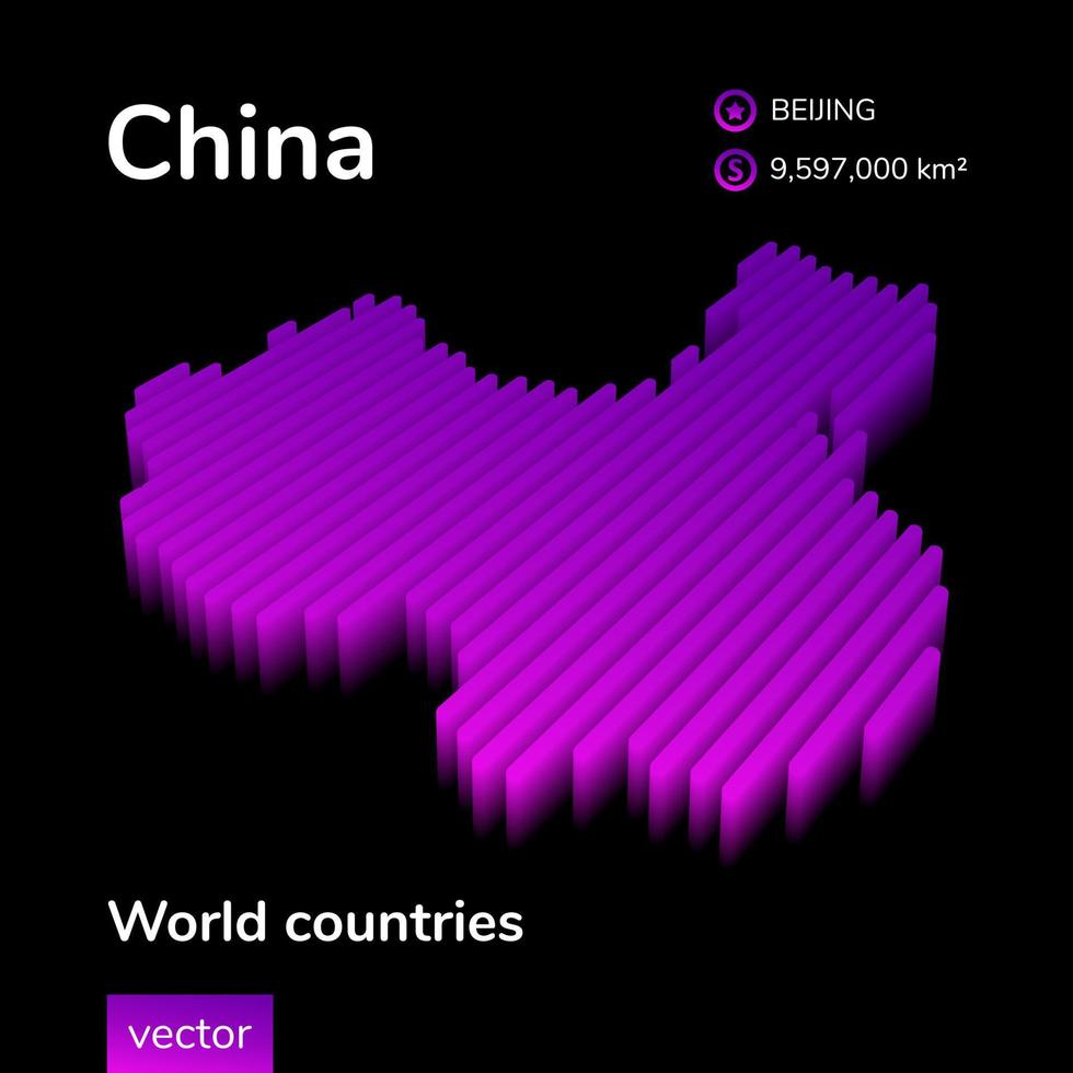 China 3D map. Stylized striped vector isometric neon Map of China is in violet and pink colors on black background. Educational Banner
