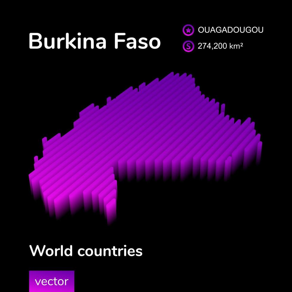 Burkina Faso 3D map. Stylized neon digital isometric striped vector Map of Burkina Faso in violet and purple colors on black background