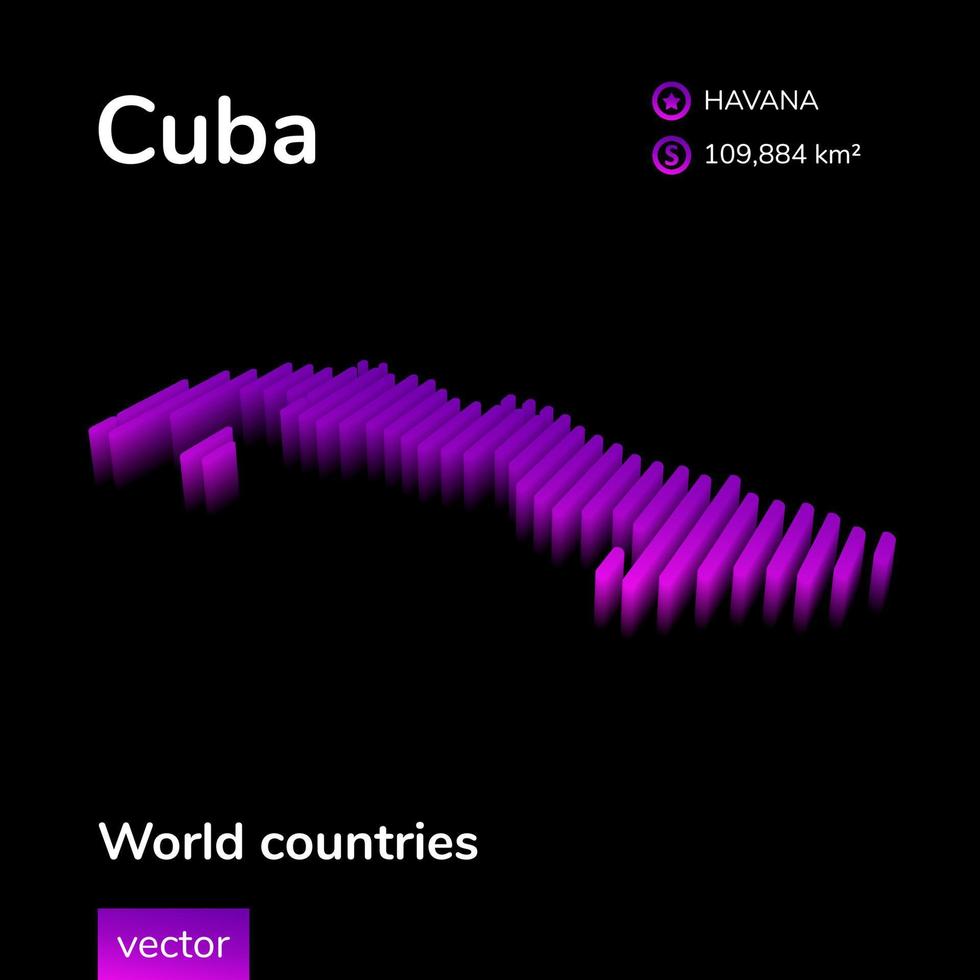 mapa 3d de cuba. el mapa isométrico vectorial rayado estilizado de cuba está en colores violeta neón sobre fondo negro. pancarta educativa vector