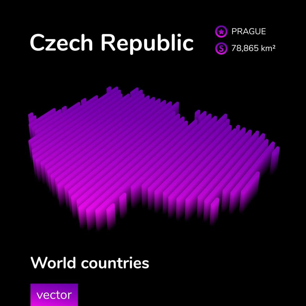 Czech Republic 3D map. Stylized neon digital isometric striped vector Map of Czech Republic in violet and pink colors on the black background.