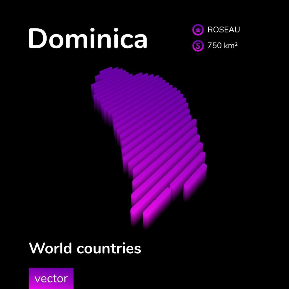 mapa dominicano 3d. el mapa de dominica del vector isométrico de neón rayado estilizado está en colores violetas sobre fondo negro. mapa de dominica con informacion del pais