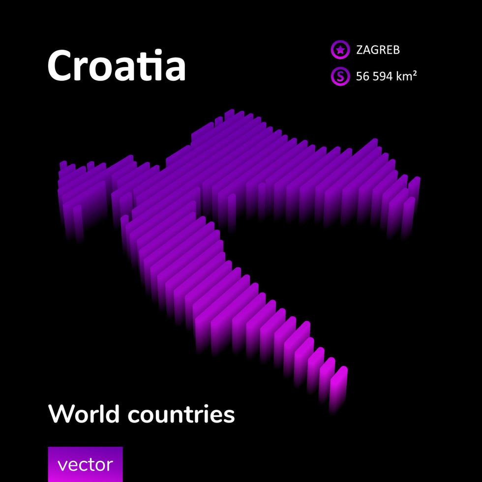 3D Map of Croatia. Stylized neon digital isometric striped vector map in violet and pink colors on the black background