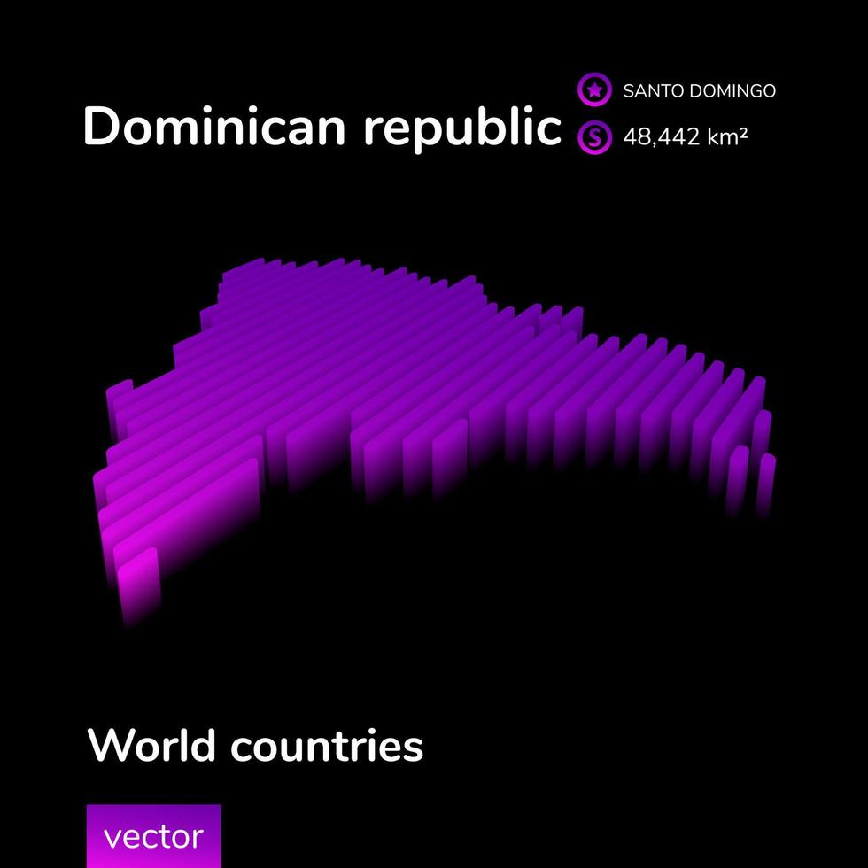 República dominicana mapa 3d. mapa de contorno rayado isométrico de neón digital vectorial con información sobre el país. cartel geográfico, bandera de república dominicana vector
