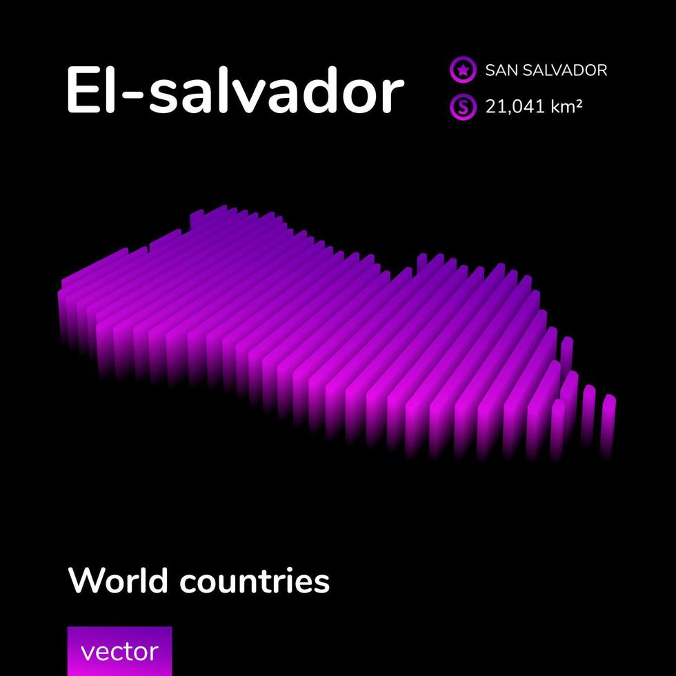 El-salvador 3D map. Vector digital neon isometric striped map is in violet colors on black background. Geographical poster, banner of El-salvador