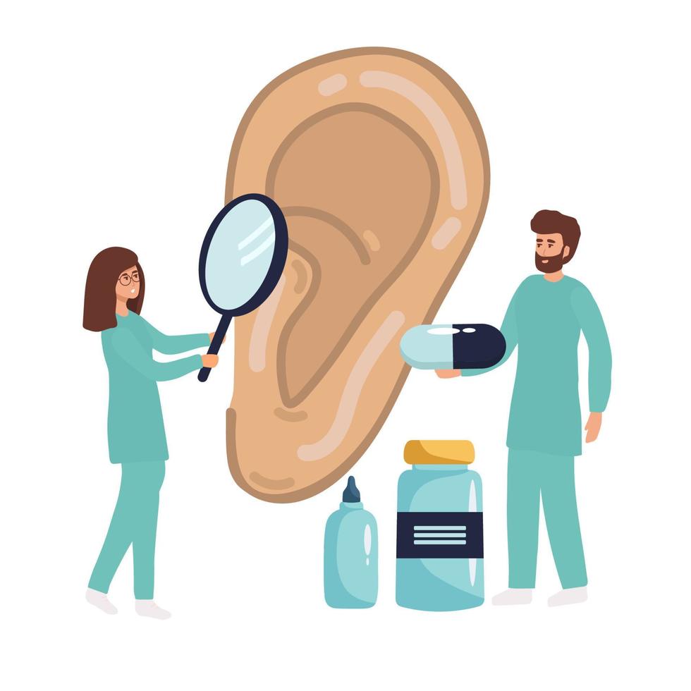 Doctors check health of ear, hearing organ. Medical examination, test and treatment of ear, otolaryngology. Ent checks loss hearing. Vector flat illustration