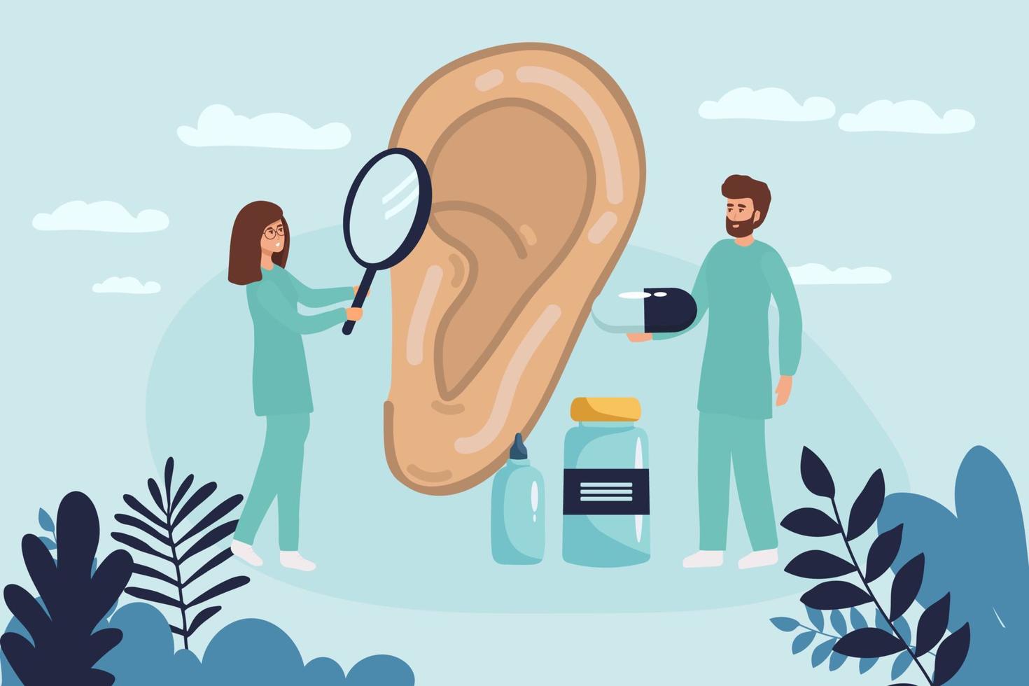 Doctors check health of ear, hearing organ. Medical examination, test and treatment of ear, otolaryngology. Ent checks loss hearing. Vector flat illustration