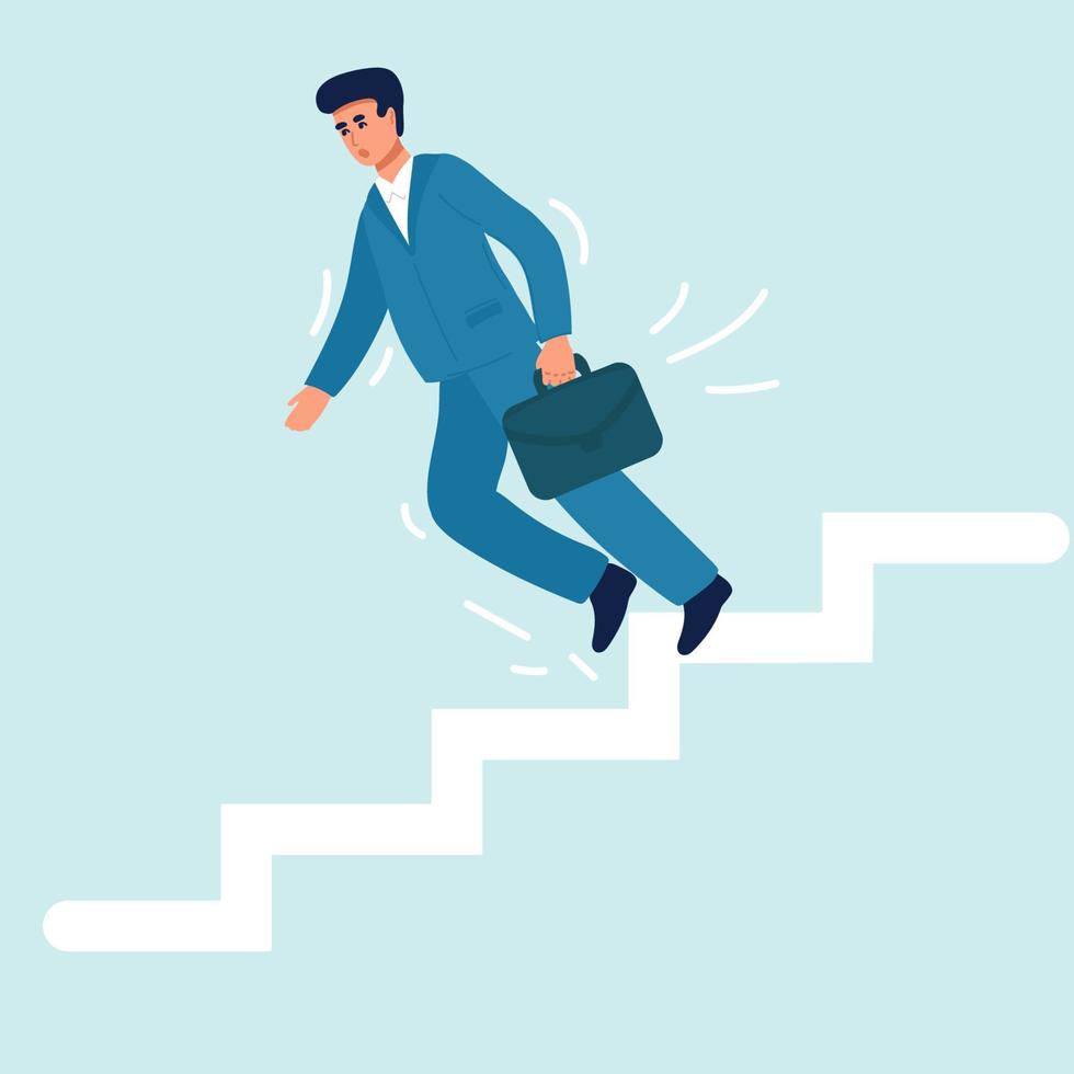 Business risk, mistake or failure, challenge or problem and difficulty, accident causing bankruptcy concept, misfortune businessman fall down stairs in economic crisis or career stumble. vector
