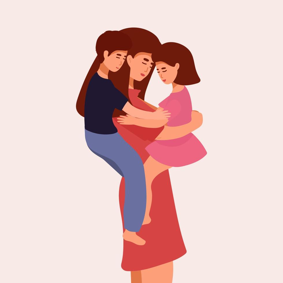 tarjeta de felicitación del día de la madre feliz. ilustración vectorial de madre con hijo e hija en brazos. vector