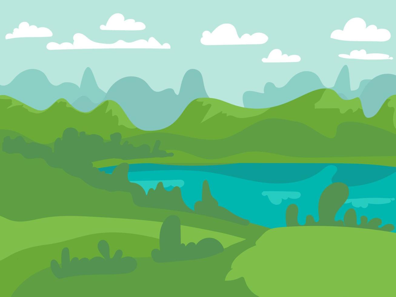 ilustración vectorial de un hermoso paisaje de campos de verano con un amanecer, colinas verdes, cielo azul de color brillante, fondo de campo en una pancarta de estilo de caricatura plana vector