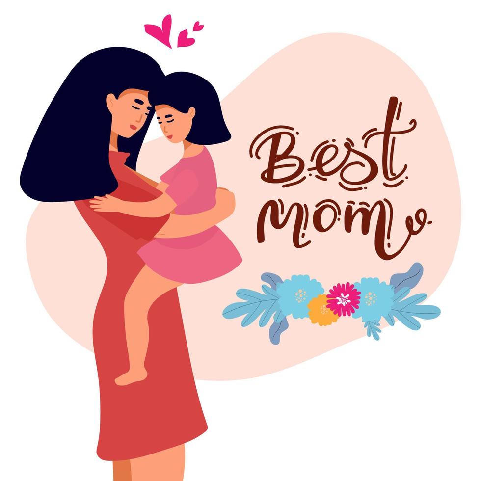 Portrait of young daughter trying to give her mother a big hug. Illustrated in flat design on pink background. Concept of motherhood or love toward mothers. vector