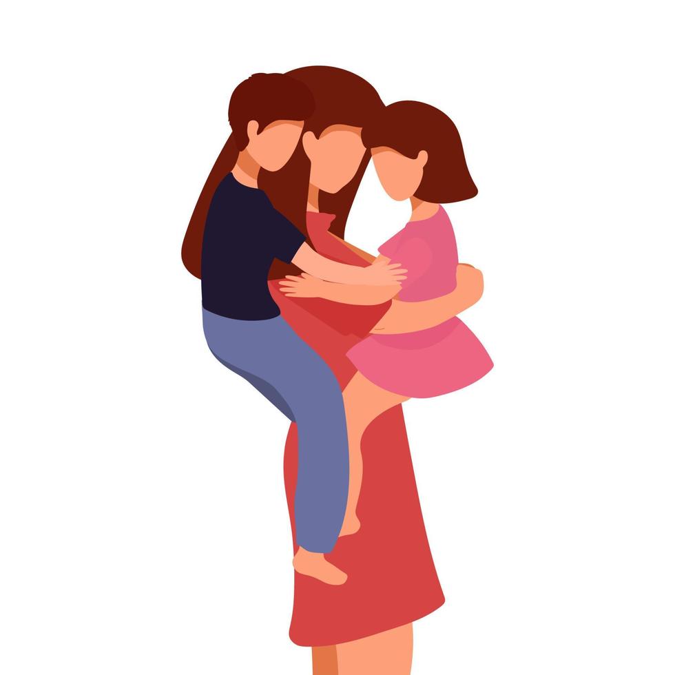 Happy Mother s Day Greeting Card. Vector Illustration Of Mother Holding Baby Son and daughter In Arms.