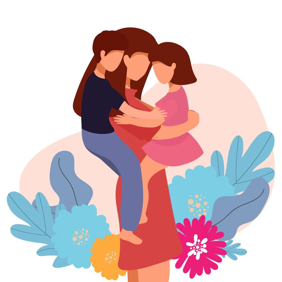 Happy Mother s Day Greeting Card. Vector Illustration Of Mother Holding Baby Son and daughter In Arms.