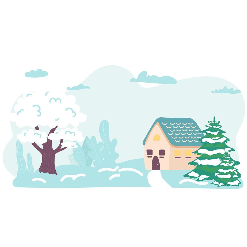 ilustración vectorial de una postal de paisaje de invierno de navidad. color retro del paisaje de invierno con niños, muñeco de nieve y ciervos. concepto de invierno mínimo. vector