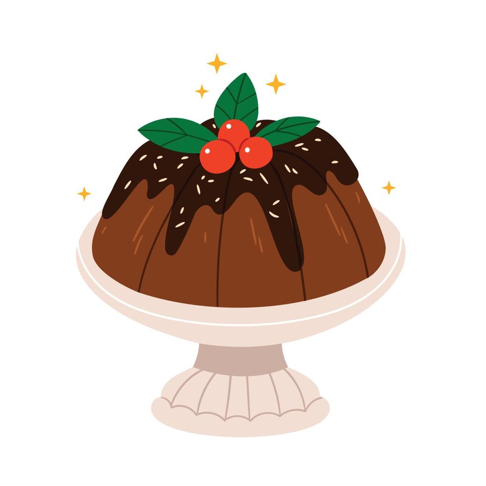 Christmas, winter, holiday cake. Christmas bread loaf. See festive dessert. Traditional Xmas bakery with berries, chocolate. vector