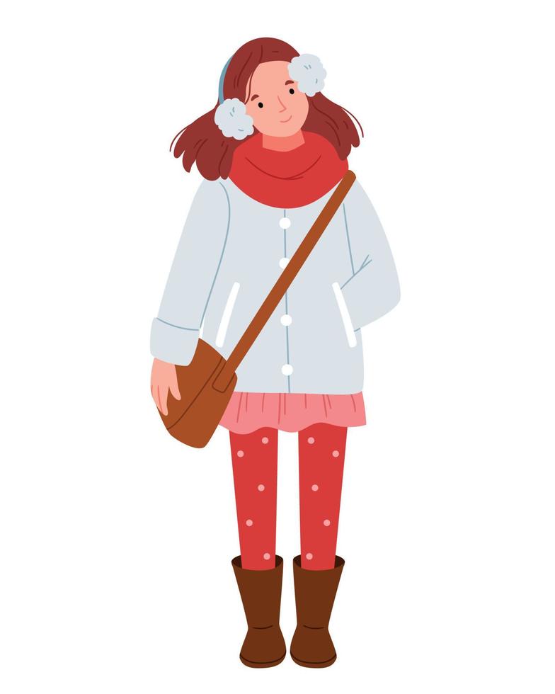 A stylish girl in a winter outfit. Warm headphones, a skirt and red polka-dot tights. vector