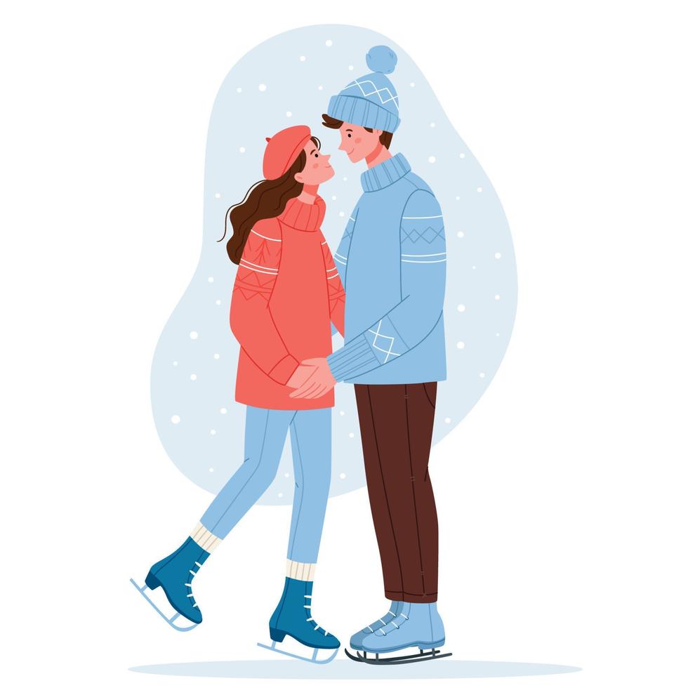 una pareja enamorada en ropa de invierno está patinando.simple ilustración dibujada a mano. vector