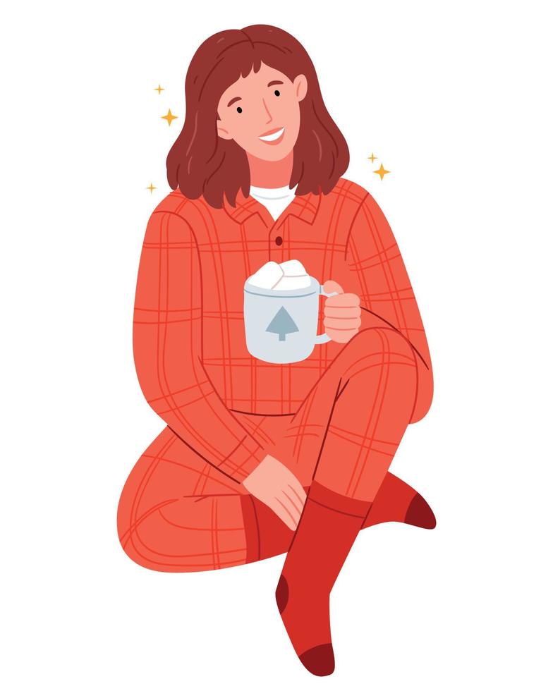 A girl in red checkered pajamas is drinking cocoa.Simple Hand drawn illustration.Christmas mood. vector