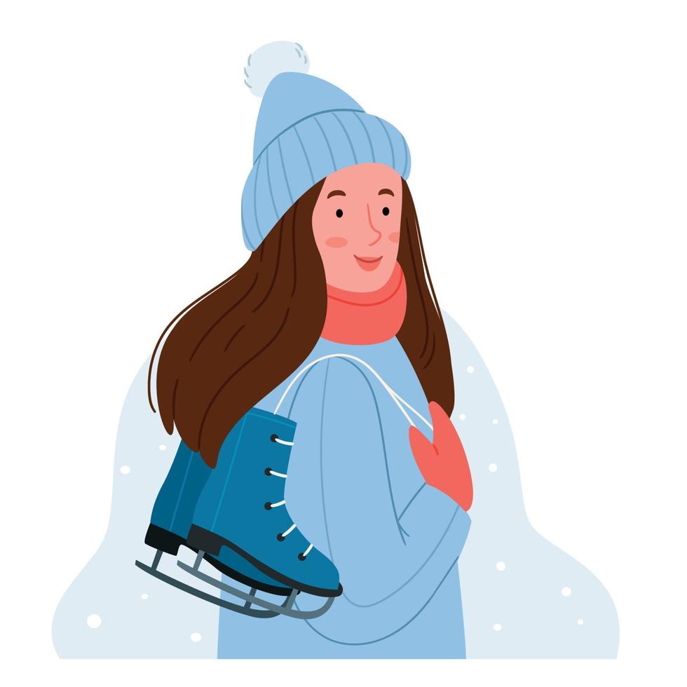 una chica elegante con ropa de invierno sostiene patines de hielo. ilustración dibujada a mano simple. vector