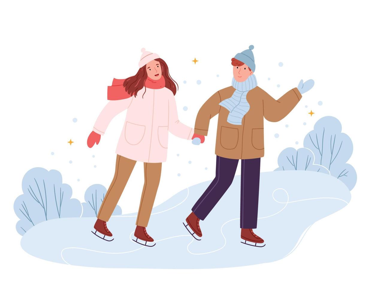 una pareja enamorada en ropa de invierno está patinando.simple ilustración dibujada a mano. vector