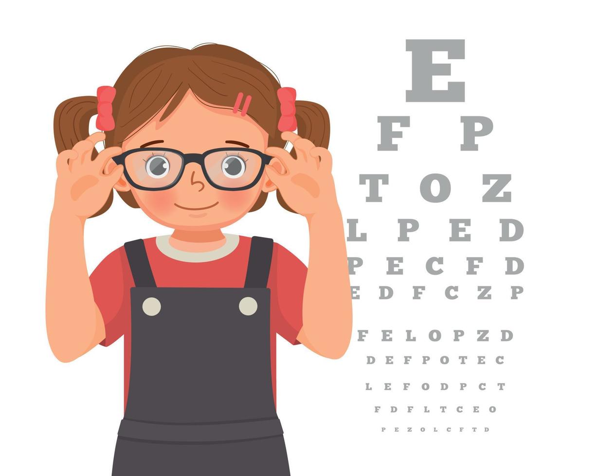 Cute little girl testing her new eyeglasses reading block letters at ophthalmologist office vector