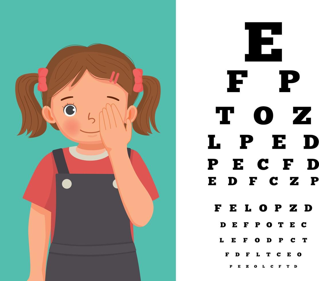 Cute little girl cover her eye having vision test reading block letters at ophthalmologist office vector