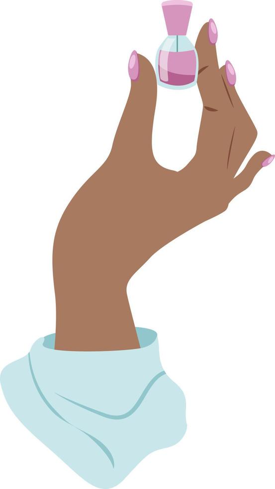 hermosa mano femenina africana sosteniendo una botella de esmalte de uñas lila cerrada aislada en fondo blanco vector